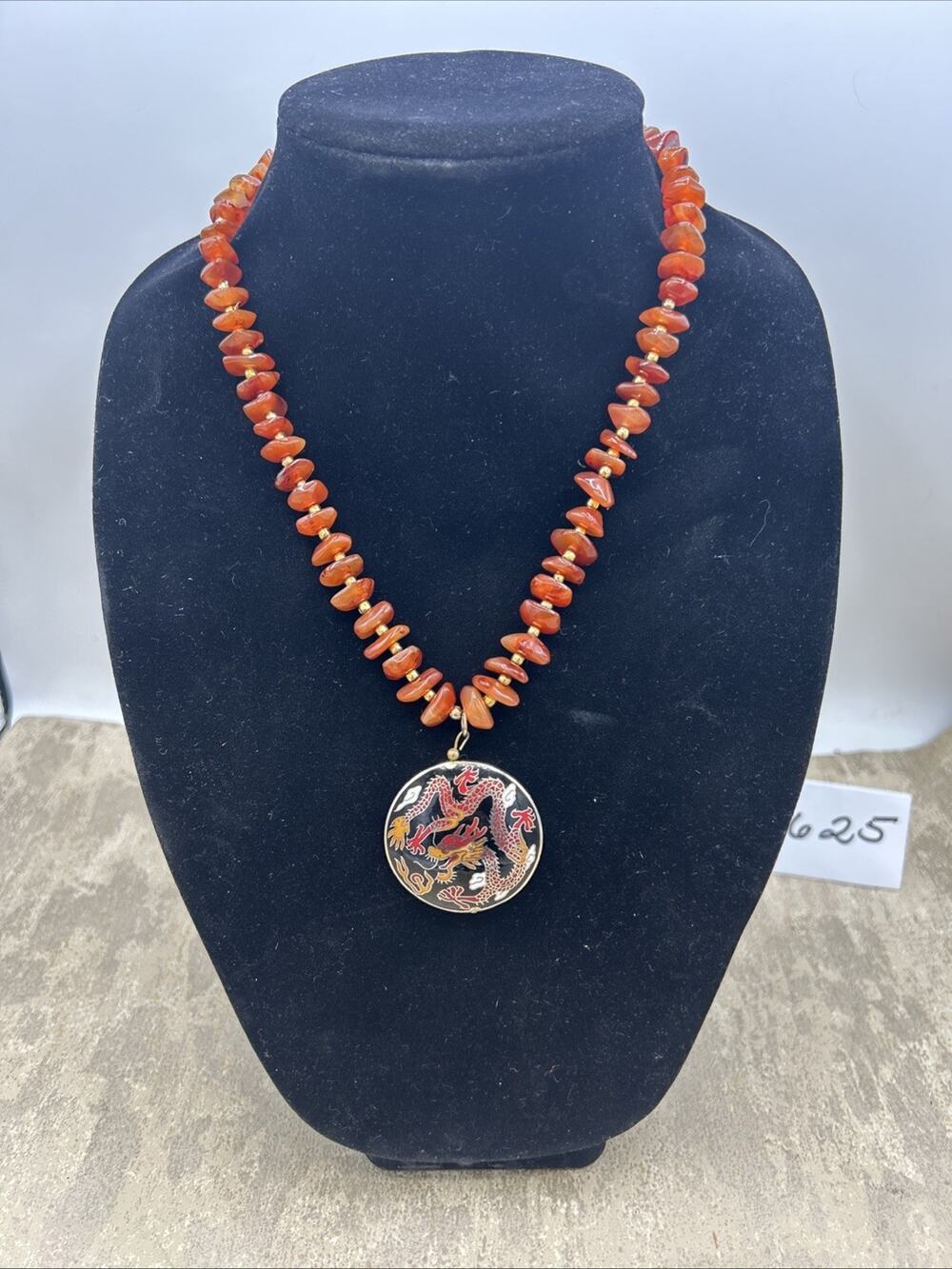 VTG CHINESE CARNELIAN CLOISONNE DOUBLE SIDED DRAGON PENDANT NECKLACE